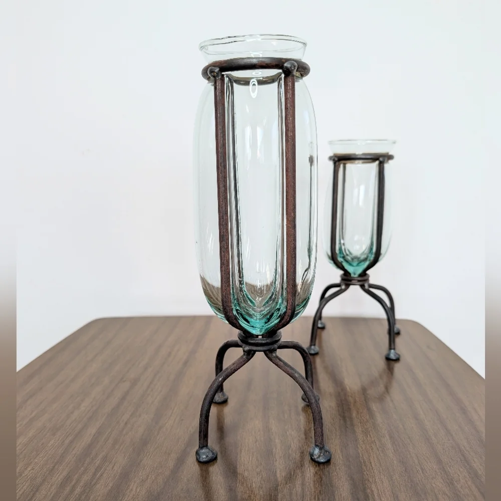 Pair Of Blown Caged Glass & Wrought Iron Metal Footed Vases Industrial Brutalist